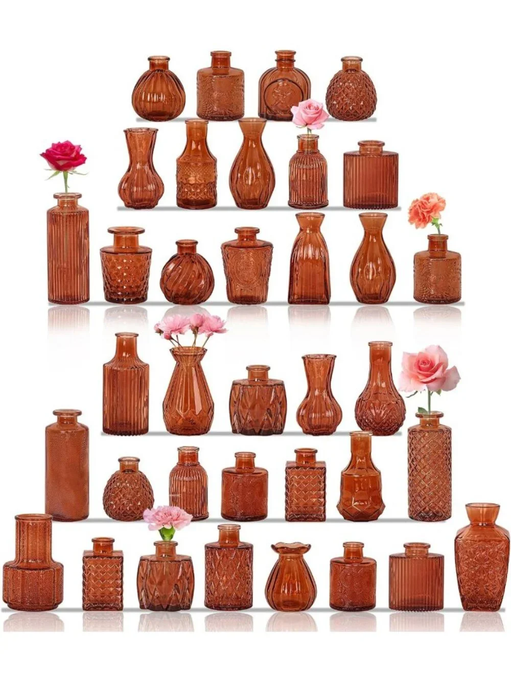 Set of 36 Small Dark Amber Glass Bud Vases for Floral Centerpieces & Decor